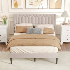 Queen Size Dutch Velvet/Linen Fabric Upholstered Platform Bed with Wingback Headboard and Wooden Slat Support-Beige