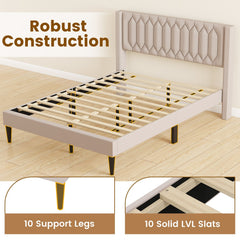Queen Size Dutch Velvet/Linen Fabric Upholstered Platform Bed with Wingback Headboard and Wooden Slat Support-Beige