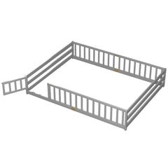 Queen Montessori Floor Bed with Full Length Guardrails and Latching Door, Grey