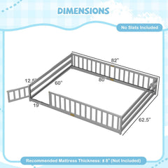 Queen Montessori Floor Bed with Full Length Guardrails and Latching Door, Grey