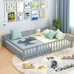 Queen Montessori Floor Bed with Full Length Guardrails and Latching Door, Grey