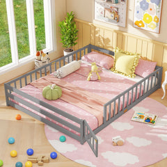 Queen Montessori Floor Bed with Full Length Guardrails and Latching Door, Grey