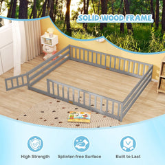 Queen Montessori Floor Bed with Full Length Guardrails and Latching Door, Grey
