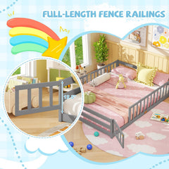 Queen Montessori Floor Bed with Full Length Guardrails and Latching Door, Grey