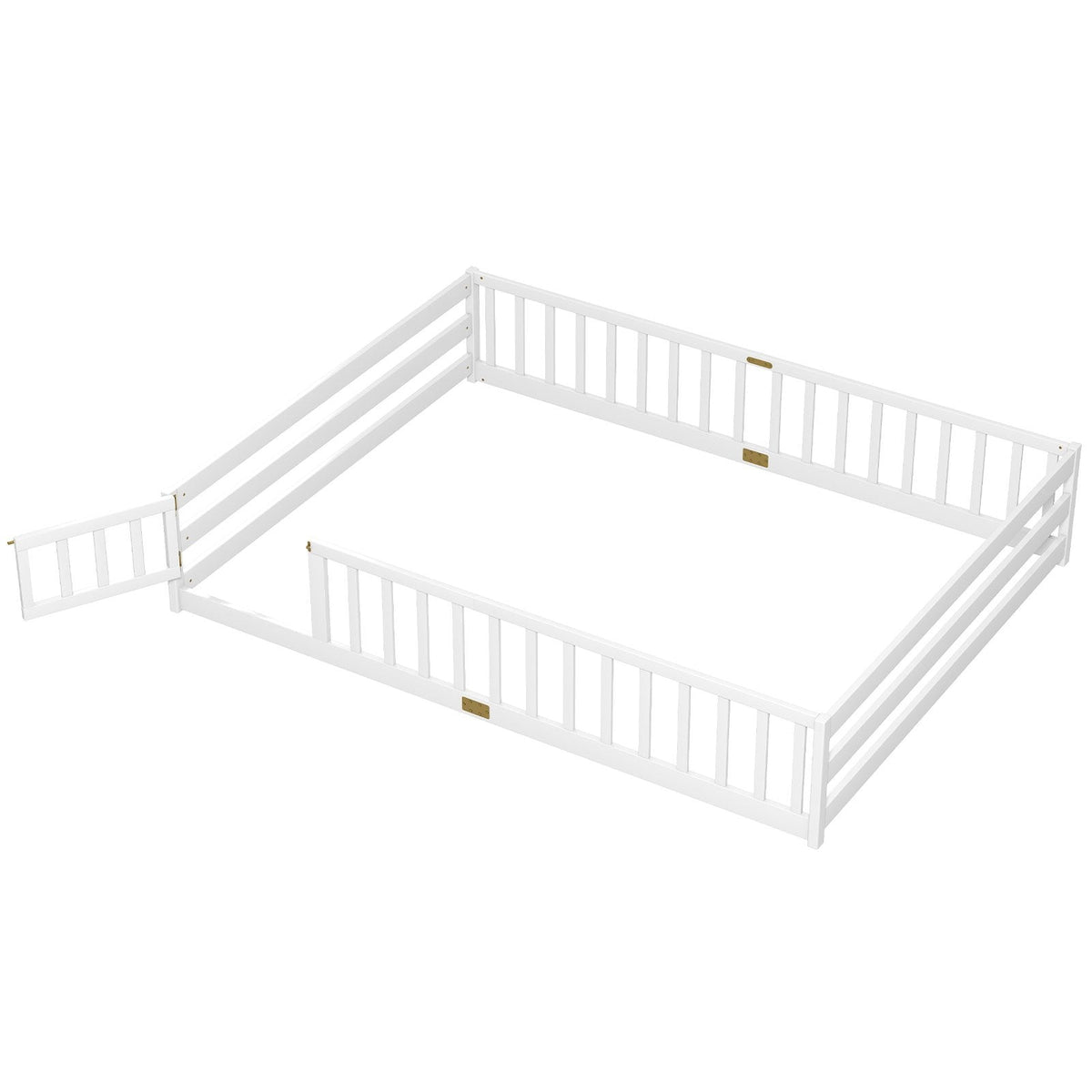Queen Montessori Floor Bed with Full Length Guardrails and Latching Door, White