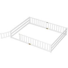 Queen Montessori Floor Bed with Full Length Guardrails and Latching Door, White