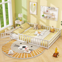 Queen Montessori Floor Bed with Full Length Guardrails and Latching Door, White