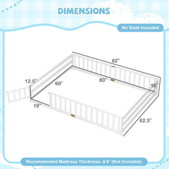 Queen Montessori Floor Bed with Full Length Guardrails and Latching Door, White
