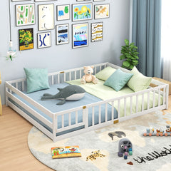 Queen Montessori Floor Bed with Full Length Guardrails and Latching Door, White