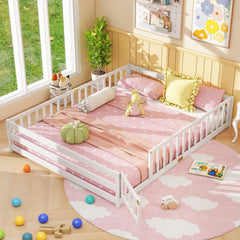 Queen Montessori Floor Bed with Full Length Guardrails and Latching Door, White