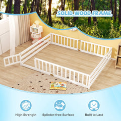 Queen Montessori Floor Bed with Full Length Guardrails and Latching Door, White