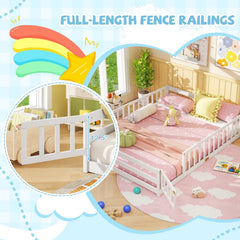 Queen Montessori Floor Bed with Full Length Guardrails and Latching Door, White