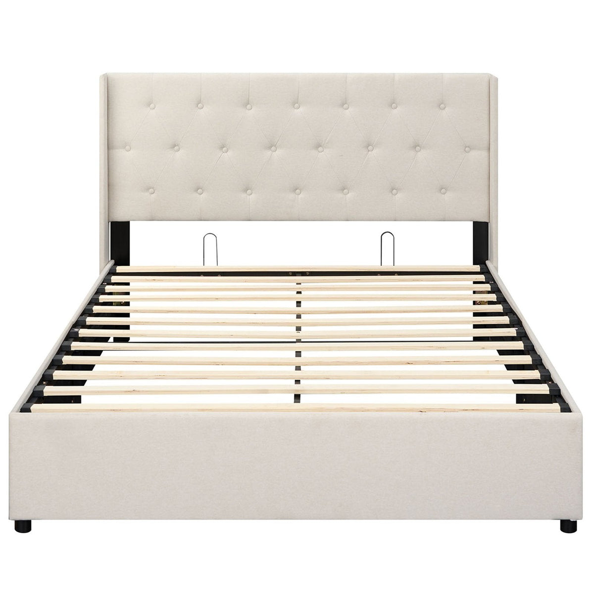 Queen Lift Up Storage Bed with Tufted Wingback Headboard and 9.5 Inch Storage, Beige
