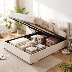 Queen Lift Up Storage Bed with Tufted Wingback Headboard and 9.5 Inch Storage, Beige