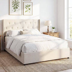 Queen Lift Up Storage Bed with Tufted Wingback Headboard and 9.5 Inch Storage, Beige