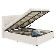 Queen Lift Up Storage Bed with Tufted Wingback Headboard and 9.5 Inch Storage, Beige