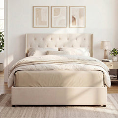 Queen Lift Up Storage Bed with Tufted Wingback Headboard and 9.5 Inch Storage, Beige