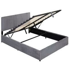 Queen Lift Up Storage Bed in Corduroy with Channelled Headboard, Grey