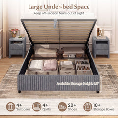 Queen Lift Up Storage Bed in Corduroy with Channelled Headboard, Grey