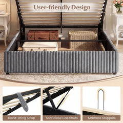 Queen Lift Up Storage Bed in Corduroy with Channelled Headboard, Grey