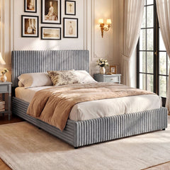 Queen Lift Up Storage Bed in Corduroy with Channelled Headboard, Grey