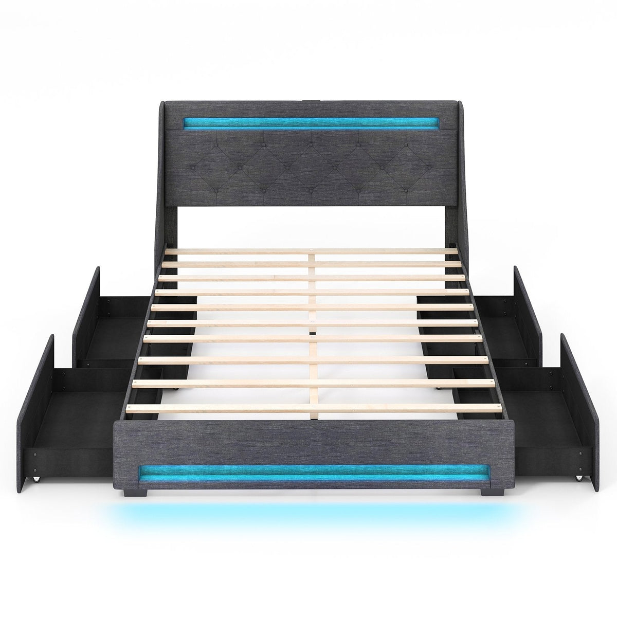 Queen Upholstered Storage Bed with RGB LED Lights, Charging Station and 4 Drawers