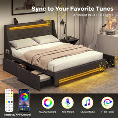 Queen Upholstered Storage Bed with RGB LED Lights, Charging Station and 4 Drawers