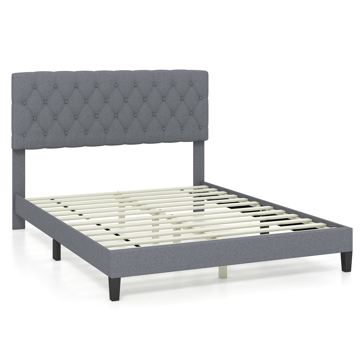Queen Linen Platform Bed with 47.5 Inch Diamond Tufted Headboard and 12 Slats