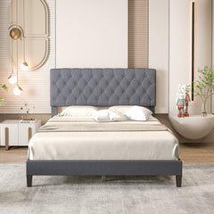 Queen Linen Platform Bed with 47.5 Inch Diamond Tufted Headboard and 12 Slats