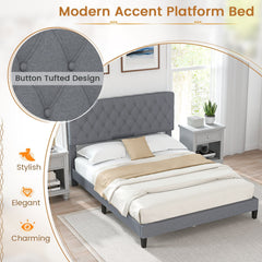 Queen Linen Platform Bed with 47.5 Inch Diamond Tufted Headboard and 12 Slats
