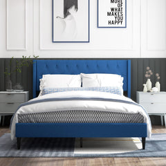 Queen Linen Platform Bed with Button Tufted Wingback Headboard, Blue