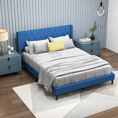 Queen Linen Platform Bed with Button Tufted Wingback Headboard, Blue