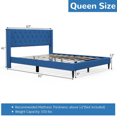 Queen Linen Platform Bed with Button Tufted Wingback Headboard, Blue
