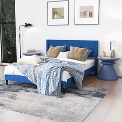 Queen Linen Platform Bed with Button Tufted Wingback Headboard, Blue