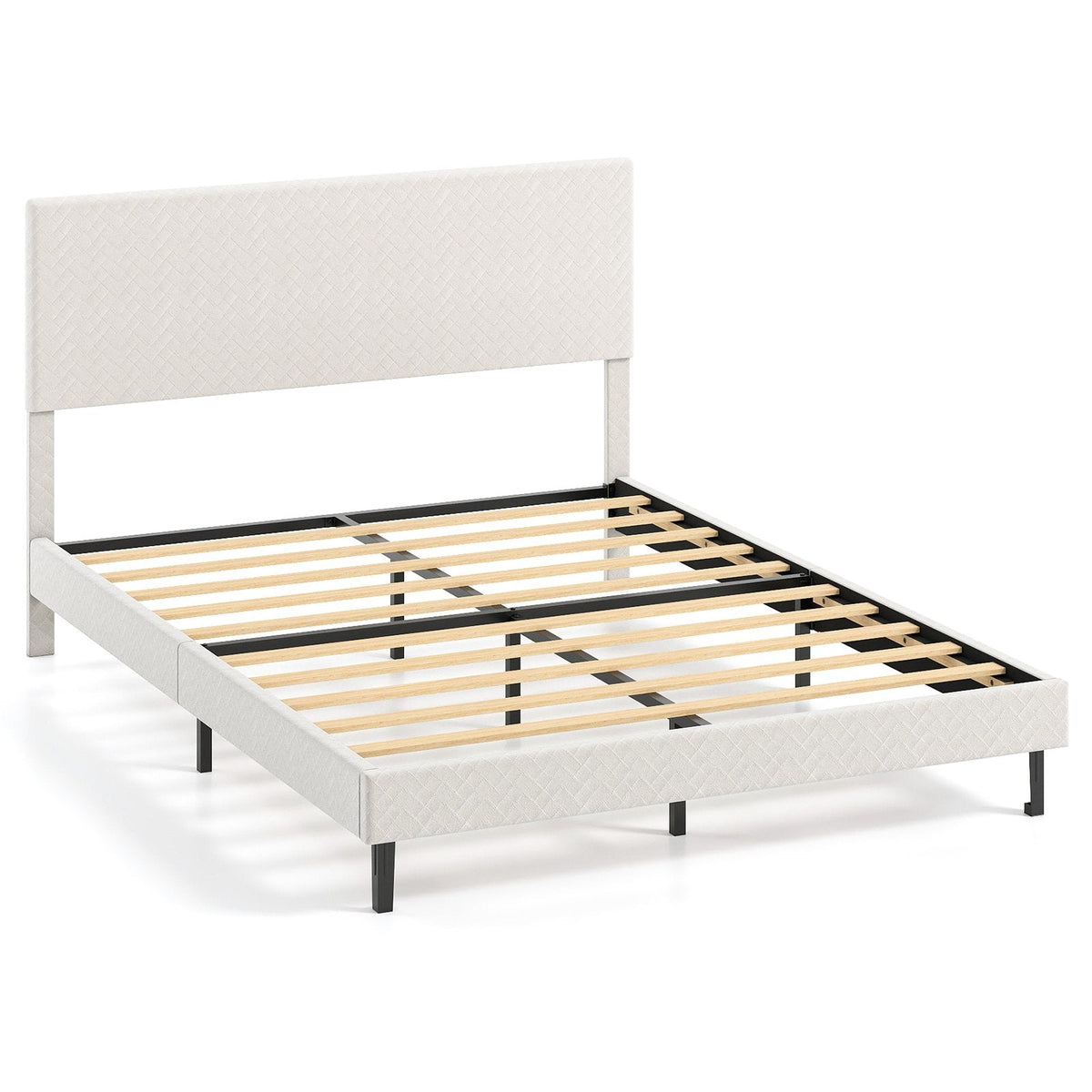 Queen Velvet Platform Bed with Chevron Headboard at 3 Adjustable Heights, Beige