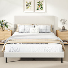 Queen Velvet Platform Bed with Chevron Headboard at 3 Adjustable Heights, Beige