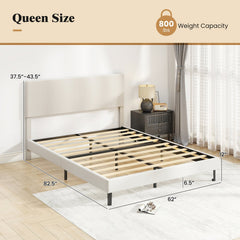 Queen Velvet Platform Bed with Chevron Headboard at 3 Adjustable Heights, Beige