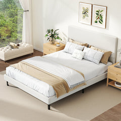 Queen Velvet Platform Bed with Chevron Headboard at 3 Adjustable Heights, Beige