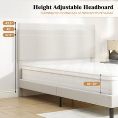 Queen Velvet Platform Bed with Chevron Headboard at 3 Adjustable Heights, Beige