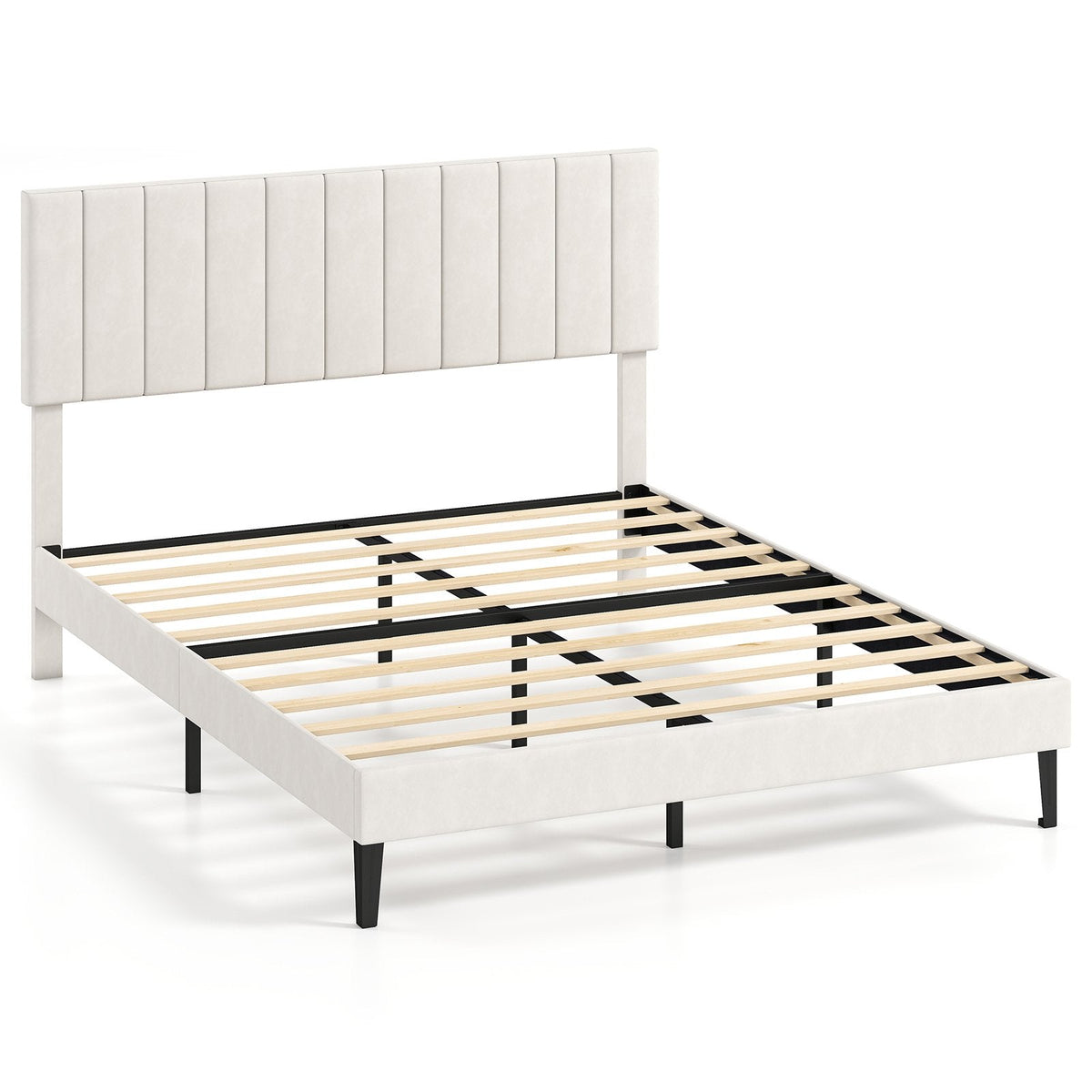 Queen Velvet Platform Bed with 3 Level Channel Headboard and Metal Middle Legs