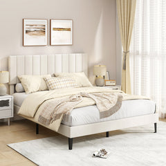 Queen Velvet Platform Bed with 3 Level Channel Headboard and Metal Middle Legs