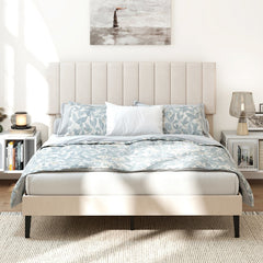Queen Velvet Platform Bed with 3 Level Channel Headboard and Metal Middle Legs