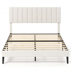 Queen Velvet Platform Bed with 3 Level Channel Headboard and Metal Middle Legs