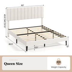 Queen Velvet Platform Bed with 3 Level Channel Headboard and Metal Middle Legs