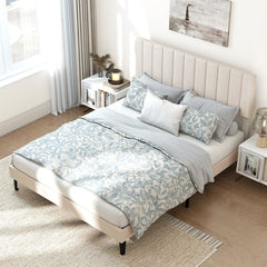 Queen Velvet Platform Bed with 3 Level Channel Headboard and Metal Middle Legs