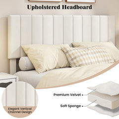 Queen Velvet Platform Bed with 3 Level Channel Headboard and Metal Middle Legs