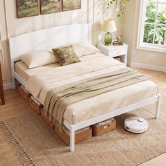 Queen Size Wooden Platform Bed Frame with Curved Headboard-White