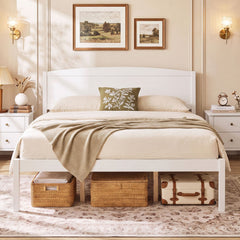 Queen Size Wooden Platform Bed Frame with Curved Headboard-White