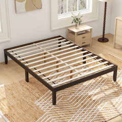 Queen Wood Platform Bed with 12 Plywood Slats and 4.5 Inch Slat Gap, Espresso