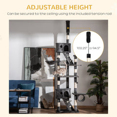 94"-102" Huge Cat Tree Ceiling High Cat Condo Scratching Post Activity Center Multi-Level Play House Light Grey
